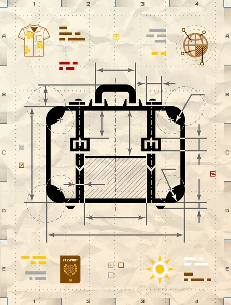 Resväska siluett som tekniskt plan ritning — Stock vektor