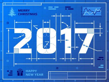 Card of New Year 2017 as blueprint drawing clipart