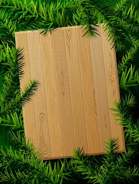 Panneau en bois blanc contre les branches de pin — Image vectorielle