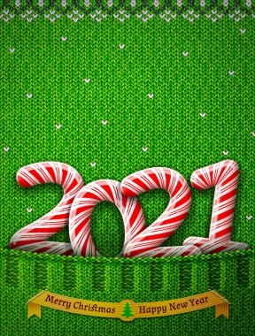 Yeni yıl 2021 'de örülmüş cebinde şeker şekeri şeklinde. Yıl numarası tatil şekeri olan süveter parçası. Yeni yıl için vektör imajı, Noel, tatlı şeyler, kış tatili, yeni yıl arifesi