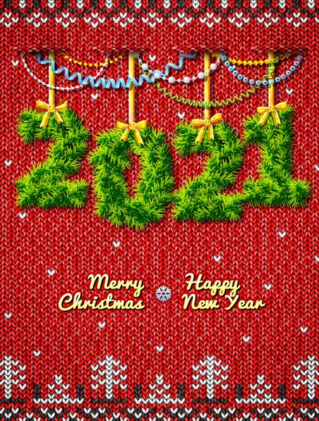 New Year 2021 Twigs Christmas Decoration Christmas Congratulation Knitted Background — Stock Vector