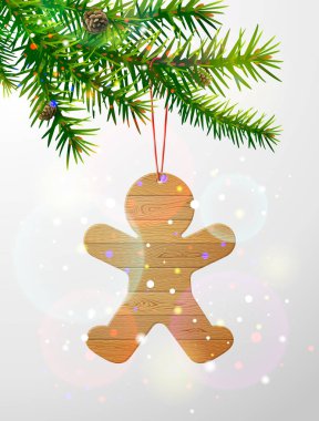 Noel ağacı dalında zencefilli tahta adam. Çam dalında sallanan tahtaların Noel süsü. Noel için vektör imajı, yeni yıl günü, dekorasyon, kış tatili, gelenek, vs.