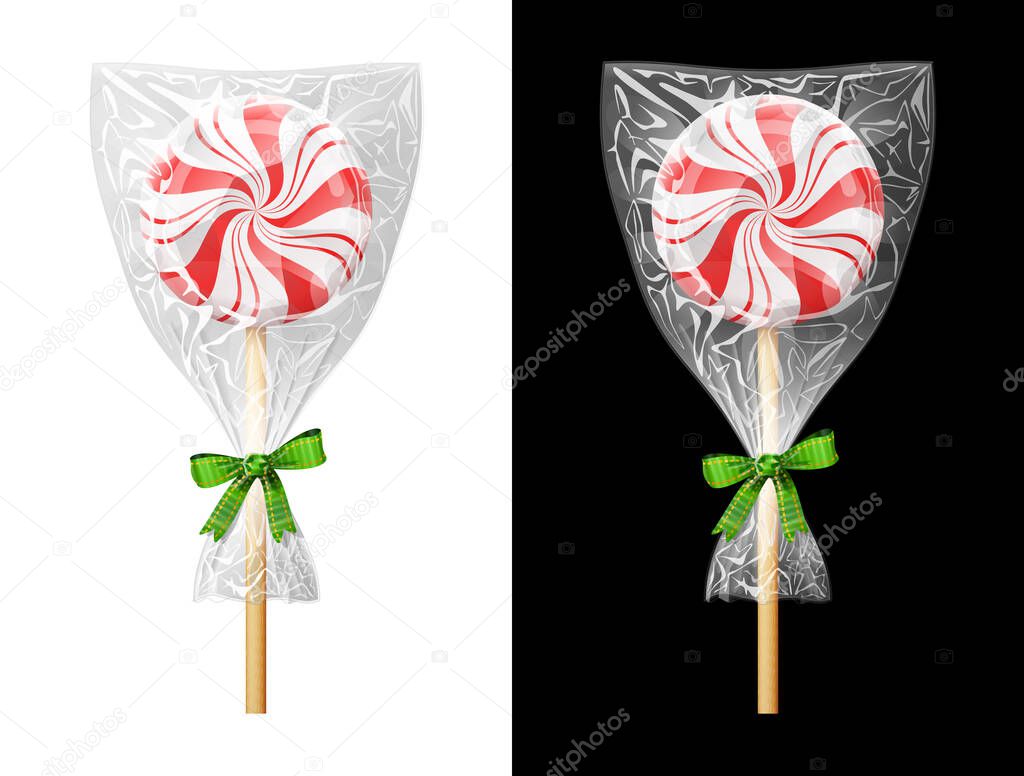 Round candy on stick in plastic wrapper with bow. Festive wrapped lollipop isolated on white and black background. Vector illustration for christmas, sweet food, new years day, holiday, dessert, new years eve, etc