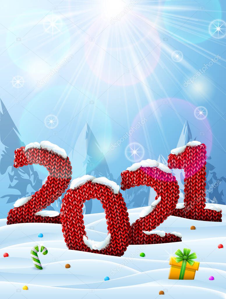 New Year 2021 in shape of knitted fabric in snow. Winter landscape with year number, top lighting. Vector image for new years day, christmas, winter holiday, knitting, new years eve, silvester