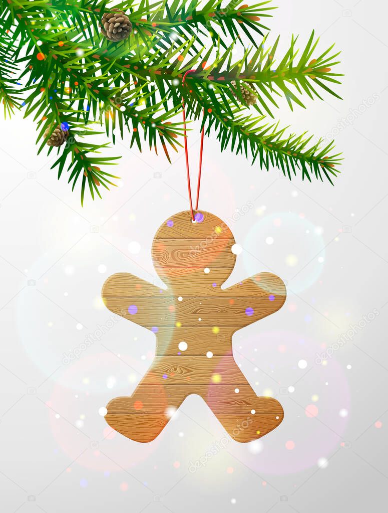 Christmas tree branch with gingerbread man of wood. Christmas ornament of wooden planks hanging on pine twig. Vector image for christmas, new years day, decoration, winter holiday, tradition, etc