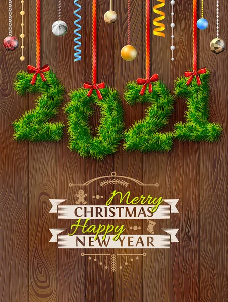 Новый 2021 Год Веток Рождественское Украшение Рождественские Поздравления Деревянном Фоне — стоковый вектор