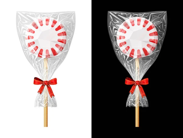 Candy Stick Plastic Wrapper Bow Festive Wrapped Lollipop Isolated White — Stock Vector