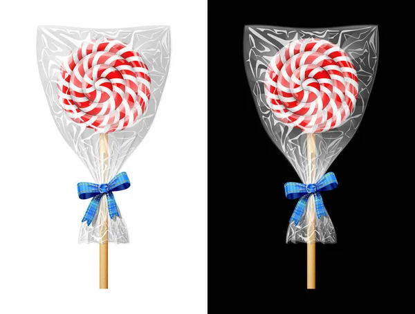 Candy Stick Plastic Wrapper Bow Festive Wrapped Lollipop Isolated White — Stock Vector