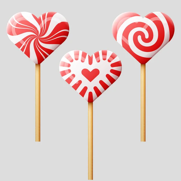 Set Heart Shaped Candies Wooden Stick Striped Peppermint Lollipops Isolated — Stock Vector