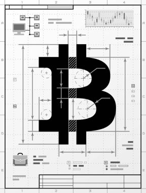 Teknik çizim olarak Bitcoin sembolü. Para levhasının başlık bloğuyla biçimlendirilmiş hali. Bankacılık, finans endüstrisi, kripto para birimi, ekonomi, dijital varlık vs. hakkında vektör illüstrasyon