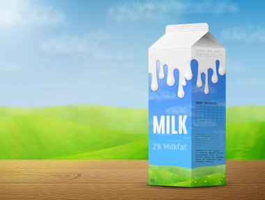 Bulanık manzaranın arka planındaki ahşap masada süt paketi. İnek sütlü üst karton, çayır ve gökyüzü. Süt, gıda hizmetleri, süt ürünleri, içecekler, gastronomi, sağlıklı gıdalar vs. için vektör illüstrasyon