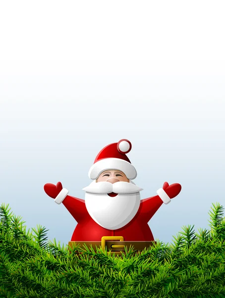 Papá Noel con las manos en alto está detrás de las ramas de pino — Vector de stock
