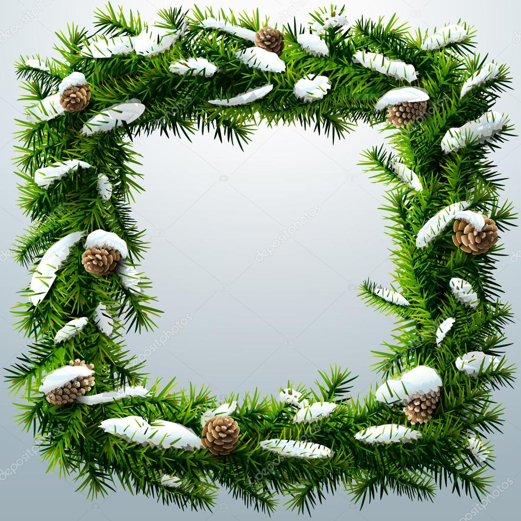 Christmas square wreath with snow and pinecones