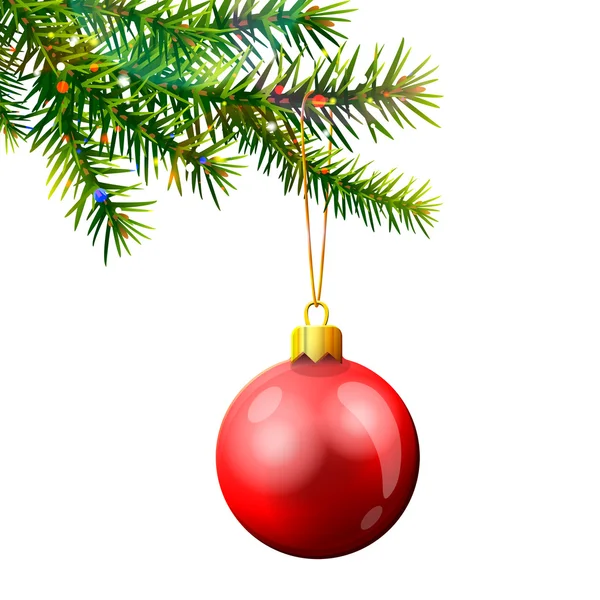 Christmas tree branch with bauble isolated on white — Stock Vector