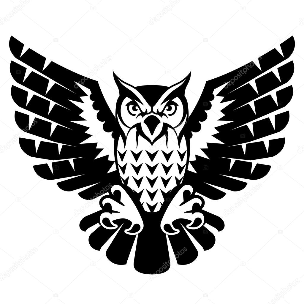 Black and white tattoo of eagle owl, front view. Qualitative vector illustration for circus, sports mascot, zoo, wildlife, nature, etc. It has only solid color
