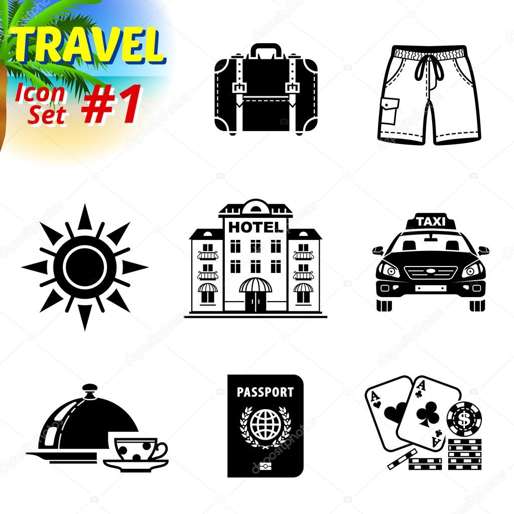 Set of black-and-white travel icons