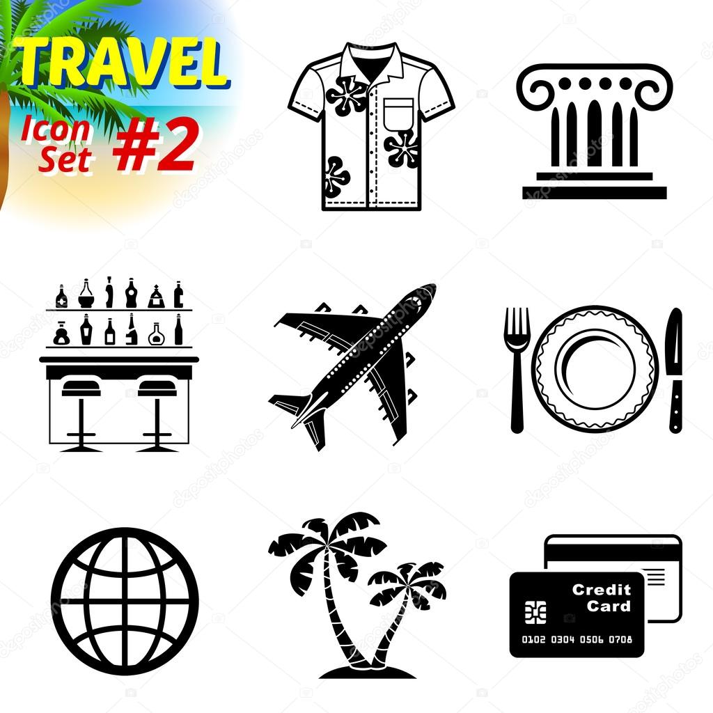 Set of black-and-white travel icons