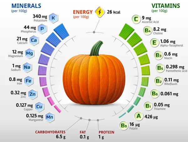 Vitaminok és ásványi anyagok a sütőtök Vektor Grafikák