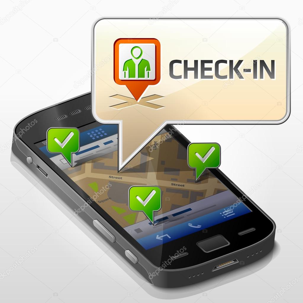 Smartphone with message bubble about check-in