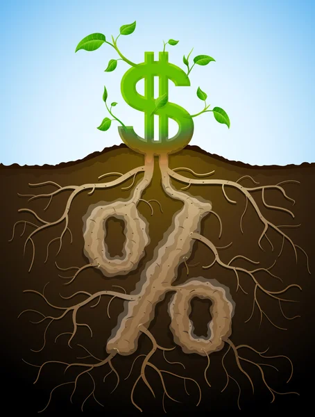 Signo de dólar en crecimiento como planta con hojas y signo de porcentaje como roo — Archivo Imágenes Vectoriales