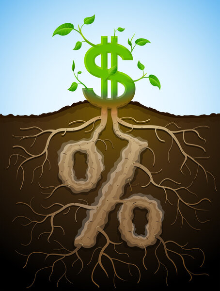 Growing dollar sign as plant with leaves and percent sign as roo