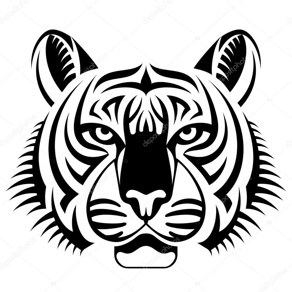 Black and white tattoo of tiger head, front view. Qualitative vector illustration for circus, sports mascot, zoo, wildlife, nature, etc. It has only solid color