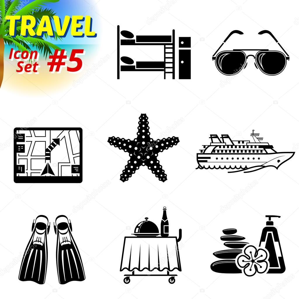 Set of black-and-white travel icons