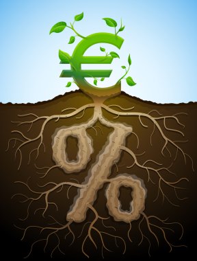 Growing euro sign as plant with leaves and percent sign as root clipart