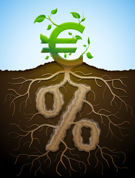 Growing euro sign as plant with leaves and percent sign as root