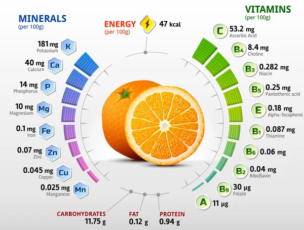 Vitaminas y minerales de las frutas de naranja — Vector de stock