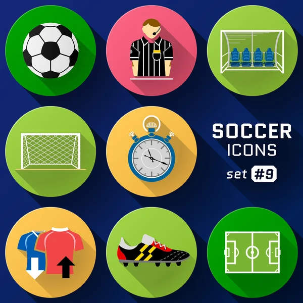 Cor conjunto de ícones plana de elementos de futebol —  Vetores de Stock