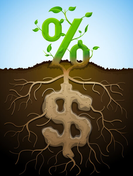 Growing percent sign as plant with leaves and dollar sign as roo