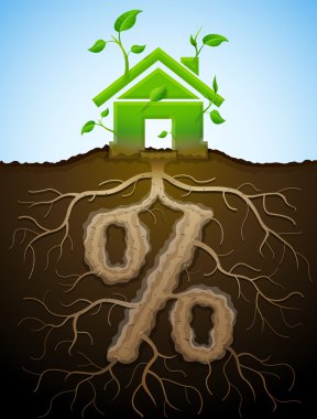 Growing house sign as plant with leaves and percent sign as root clipart