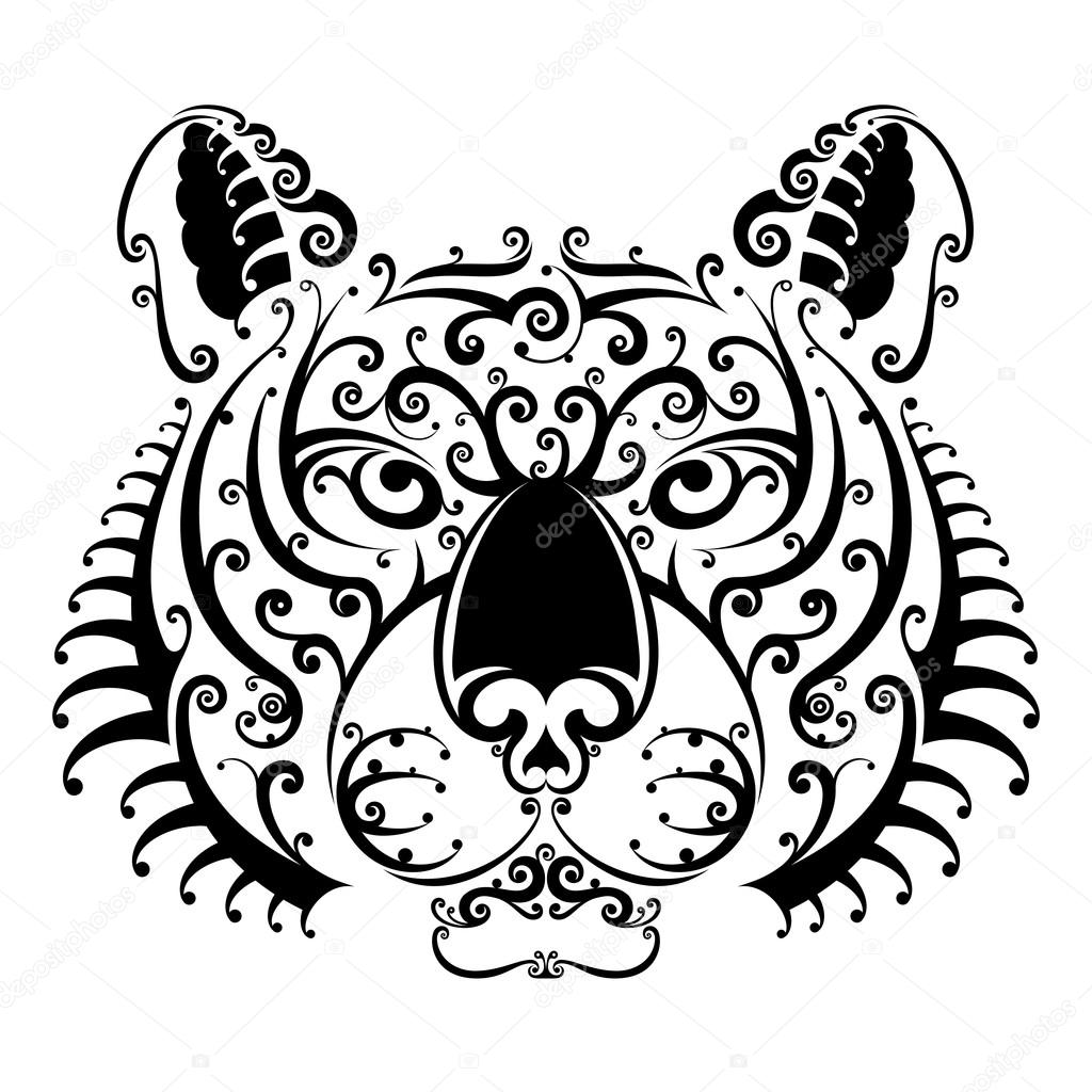 Black and white tattoo of tiger head, front view. Qualitative vector illustration for circus, sports mascot, zoo, wildlife, nature, etc. It has only solid color