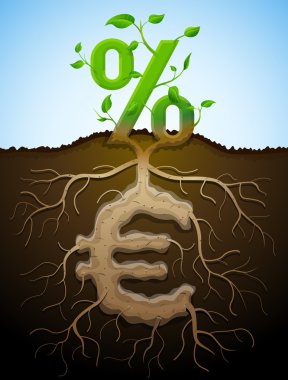 Growing percent sign as plant with leaves and euro sign as root clipart