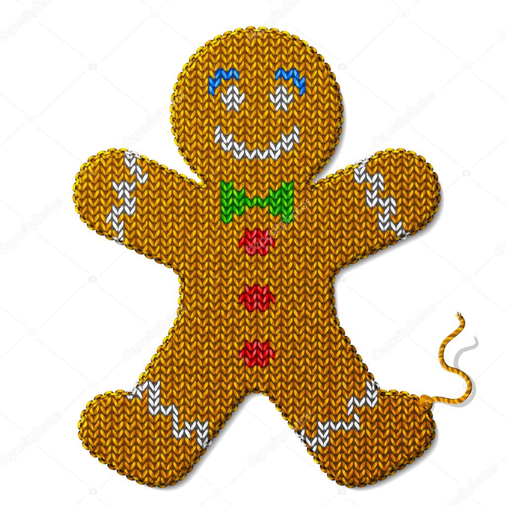 Gingerbread man of knitted fabric isolated on white background