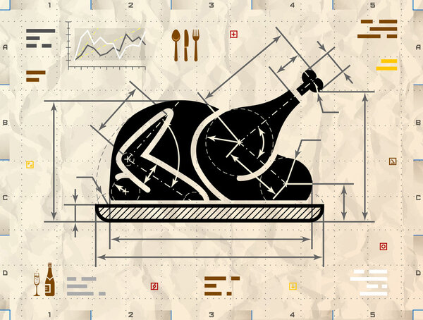 Christmas whole turkey symbol as technical blueprint drawing