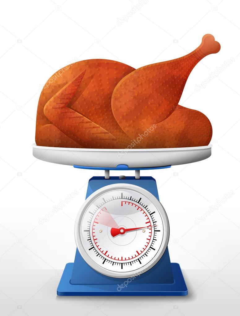 Roast turkey, chicken on scale pan