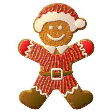 Gingerbread man dressed in Santa Claus suit clipart