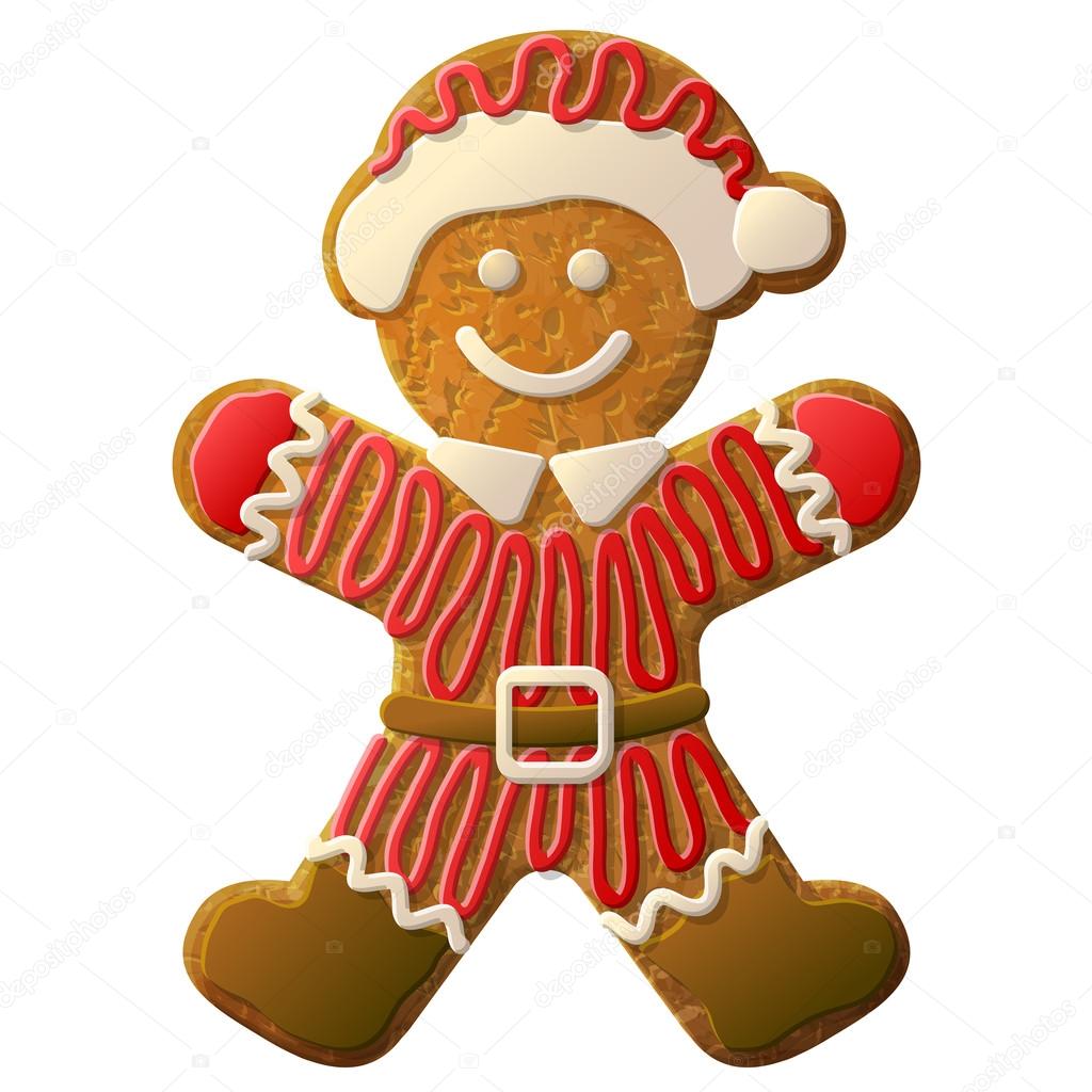 Gingerbread man dressed in Santa Claus suit