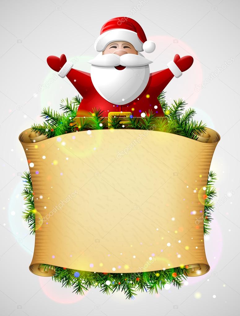 Santa Claus with his hands up above christmas paper scroll