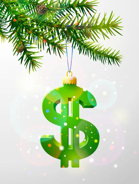 Christmas tree branch met decoratieve dollarteken — Stockvector