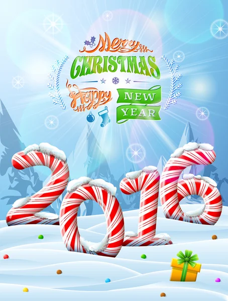 New Year 2016 in shape of candy stick in snow — Stock Vector