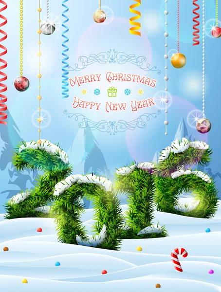 Nouvel An 2016 de brindilles de sapin de Noël dans la neige — Image vectorielle