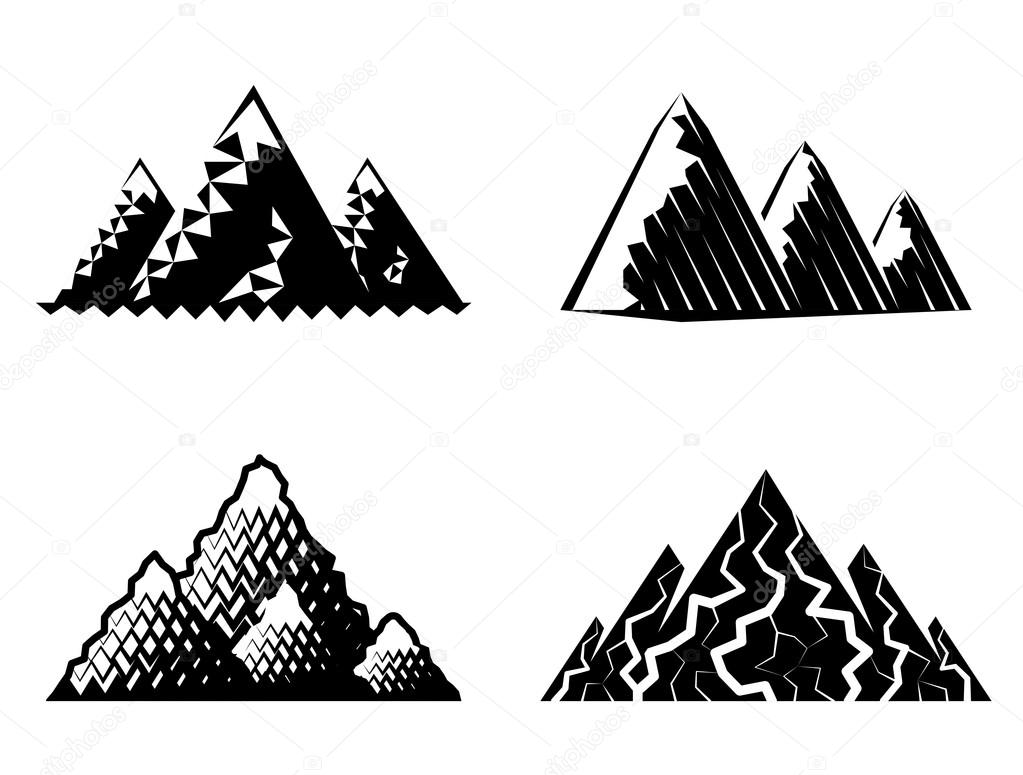 Vector symbols collection of mountain range. Qualitative vector signs about travel, nature, climbing, landscape, tourism, geology, expedition, etc. It has only solid color