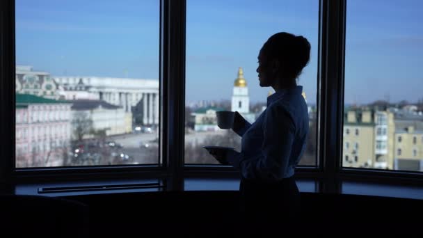 Femme confiante buvant du thé par la fenêtre de l'hôtel — Video