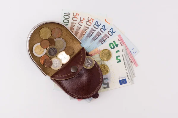 Purse with coins and banknotes — Stock Photo, Image