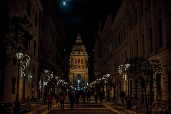 匈牙利布达佩斯- 2020年12月23日- -人们在圣斯蒂芬斯大教堂前欣赏圣诞树 图库图片
