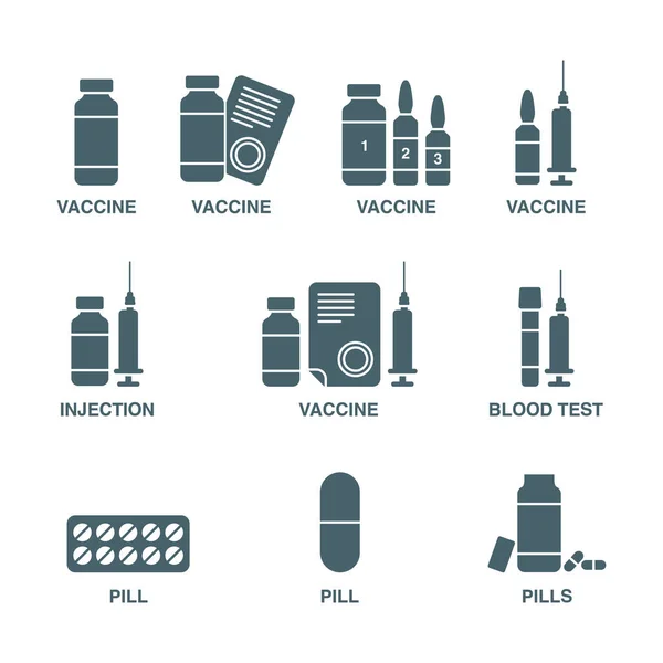 Tıbbi ikonlar hazır. Aşı ya da vitaminli ampul simgeleri. Şırınga ve haplar.
