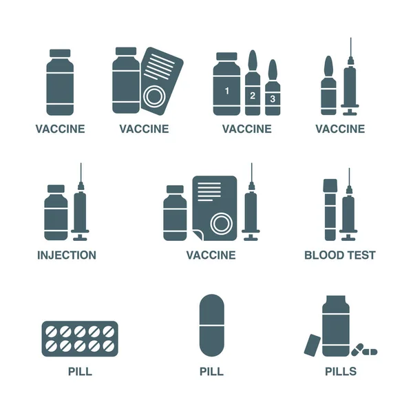 Ikony Medyczne Ustawione Ikony Ampułek Szczepionką Lub Witaminami Strzykawki Tabletki — Wektor stockowy